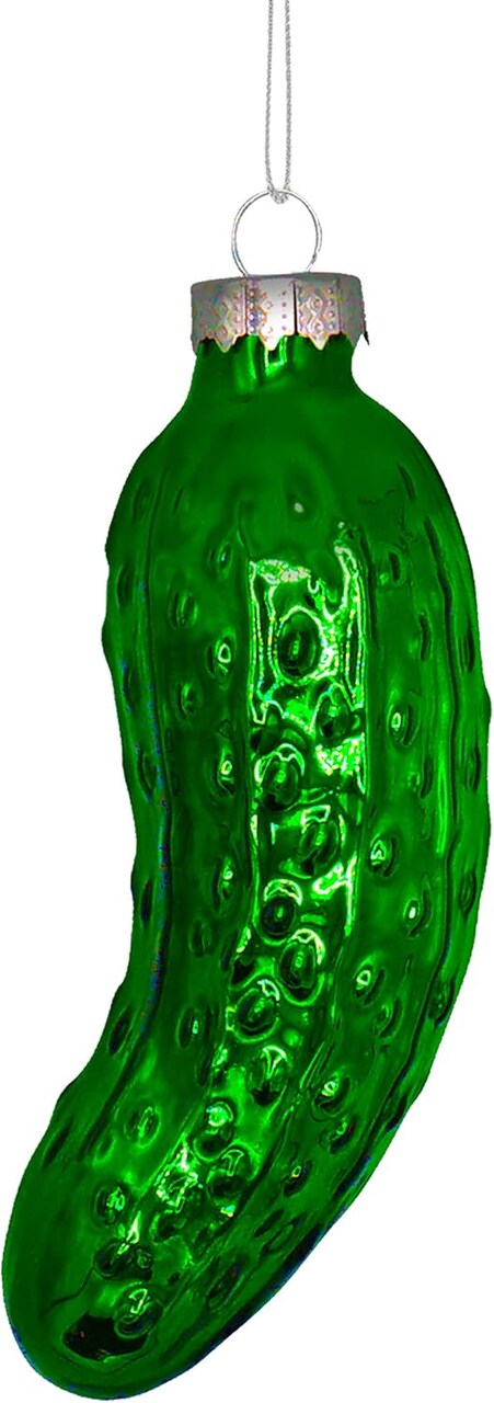 4E's Novelty Blown Glass Pickle Ornament for Christmas Tree 4” – Traditional German Christmas Pickle Game Ornament, Metallic Green Glass Christmas Decoration, Funny Holiday Gift or White Elephant